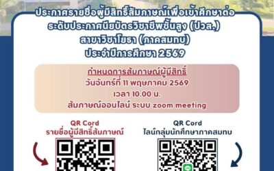 ประกาศรายชื่อผู้มีสิทธิ์สัมภาษณ์เพื่อเข้าศึกษาต่อ ระดับประกาศนียบัตรวิชาชีพชั้นสูง (ปวส.) สาขาวิชาโยธา (ภาคสมทบ)